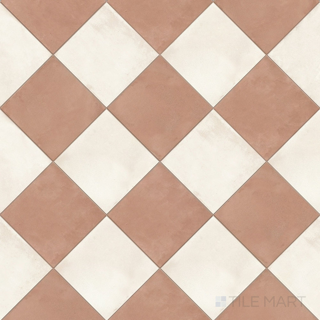 Overview of Amuri 8x8 avorio and cotto checkerboard matte porcelain tile from an alternate angle highlighting its warm Italian-inspired tonal contrast and geometric layout