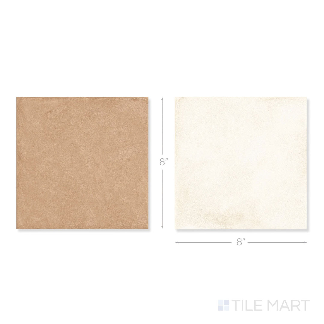 Top-down view of a single Amuri 8x8 avorio and cotto checkerboard matte porcelain tile showing its warm earthy two-tone surface and clean matte finish detail