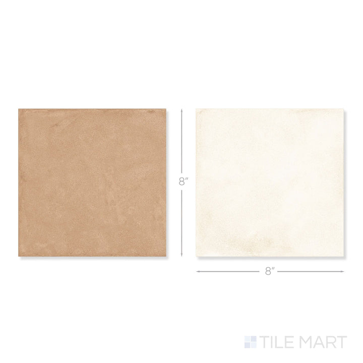Top-down view of a single Amuri 8x8 avorio and cotto checkerboard matte porcelain tile showing its warm earthy two-tone surface and clean matte finish detail