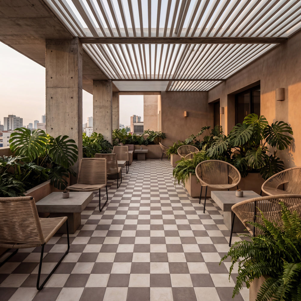 8x8 avorio and grigio matte porcelain checkerboard tile reflecting a cool, composed palette with subtle elegant balance