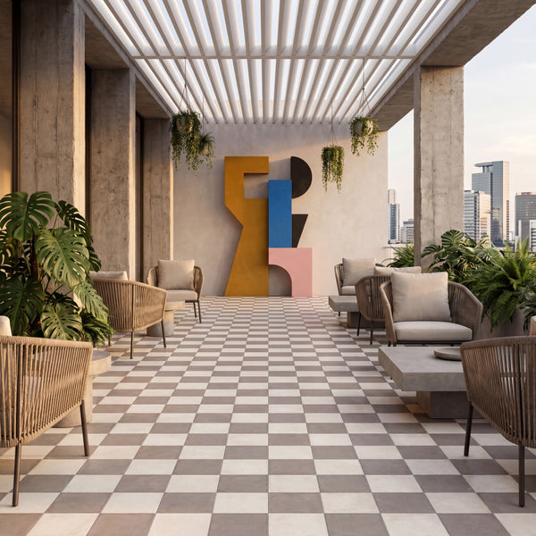 8x8 avorio and grigio matte porcelain checkerboard tile highlighting its crisp light-and-cool contrast and understated modern appeal
