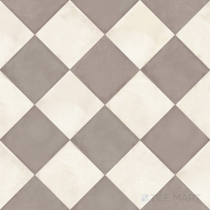 Overview of Amuri 8x8 avorio and grigio checkerboard matte porcelain tile from an alternate angle highlighting its crisp light and cool tonal contrast and geometric pattern