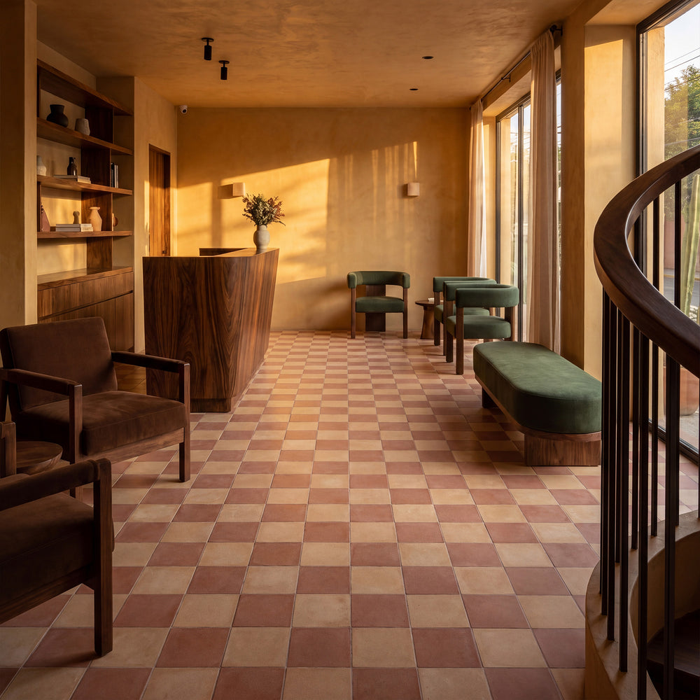8x8 biscotto and cotto matte porcelain checkerboard tile capturing a rich earthy warmth with a naturally grounded tone