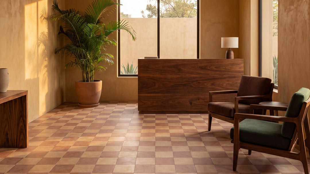 8x8 biscotto and cotto matte porcelain checkerboard tile emphasizing its deep, sun-warmed palette and artisan-inspired aesthetic