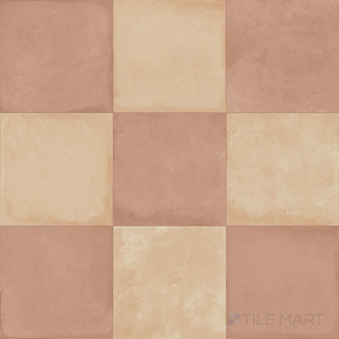 Warm-toned 8x8 matte porcelain tile with biscotto and cotto alternating in a checkerboard grid