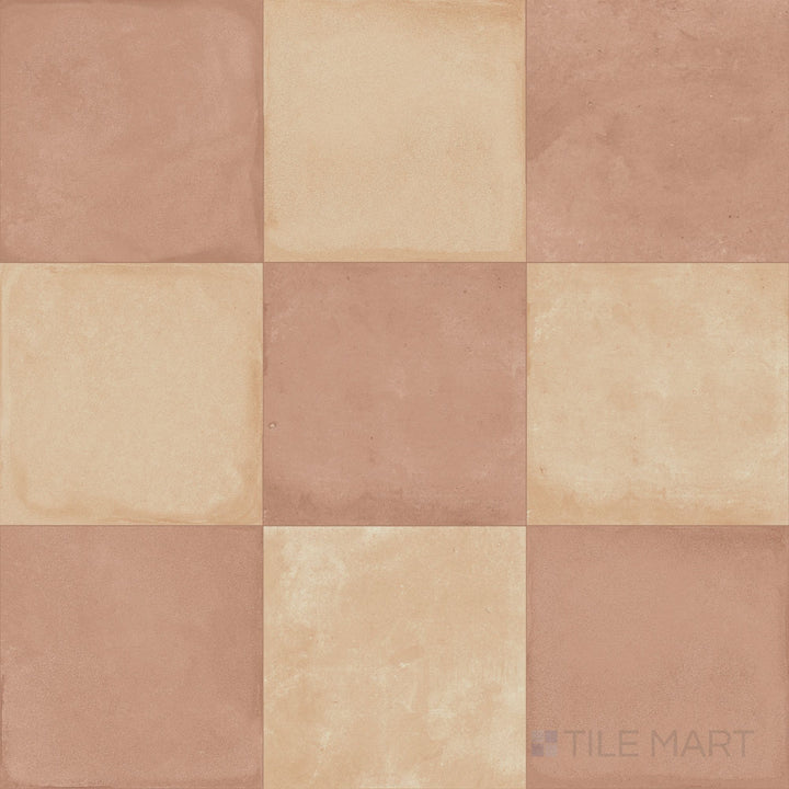 Warm-toned 8x8 matte porcelain tile with biscotto and cotto alternating in a checkerboard grid