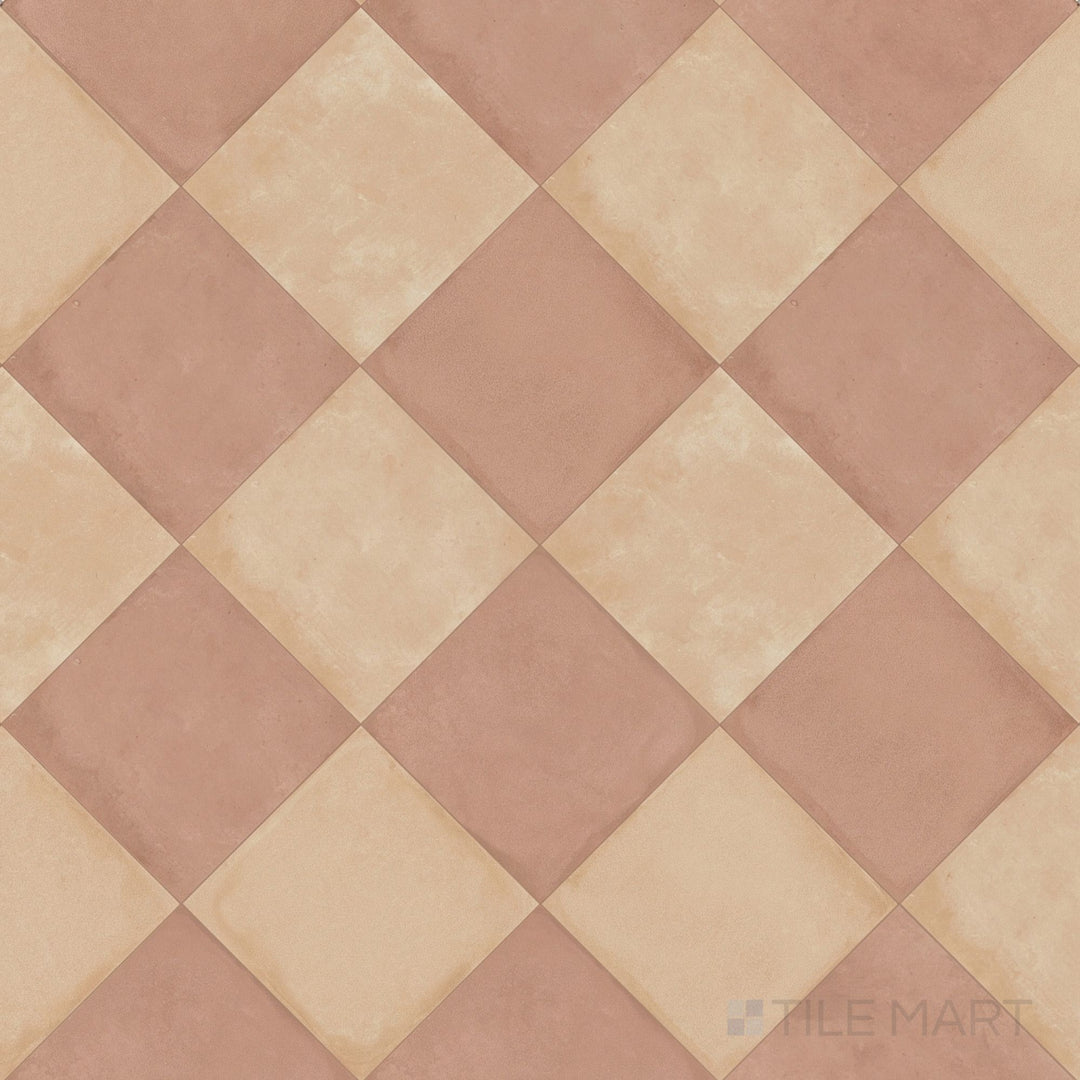 Overview of Amuri 8x8 biscotto and cotto checkerboard matte porcelain tile from an alternate angle highlighting its deep earthy tonal warmth and geometric pattern layout