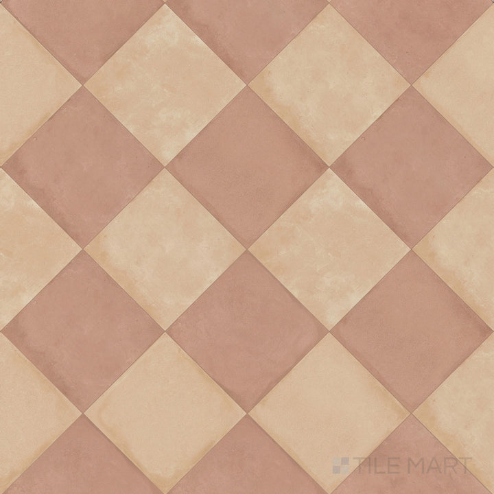 Overview of Amuri 8x8 biscotto and cotto checkerboard matte porcelain tile from an alternate angle highlighting its deep earthy tonal warmth and geometric pattern layout
