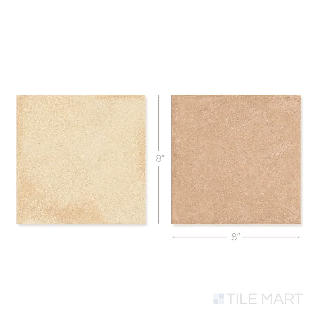 Top-down view of a single Amuri 8x8 biscotto and cotto checkerboard matte porcelain tile showing its rich warm two-tone surface and matte finish detail