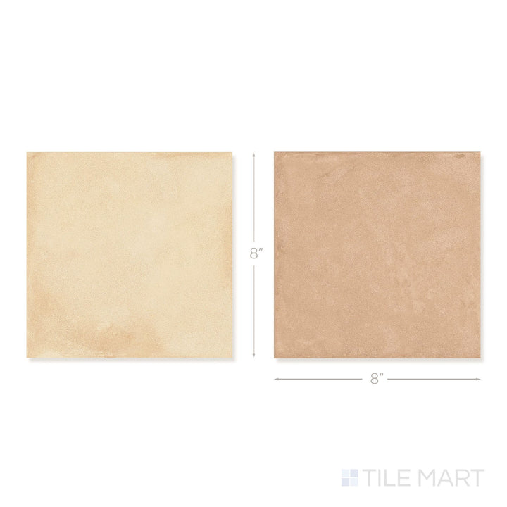 Top-down view of a single Amuri 8x8 biscotto and cotto checkerboard matte porcelain tile showing its rich warm two-tone surface and matte finish detail