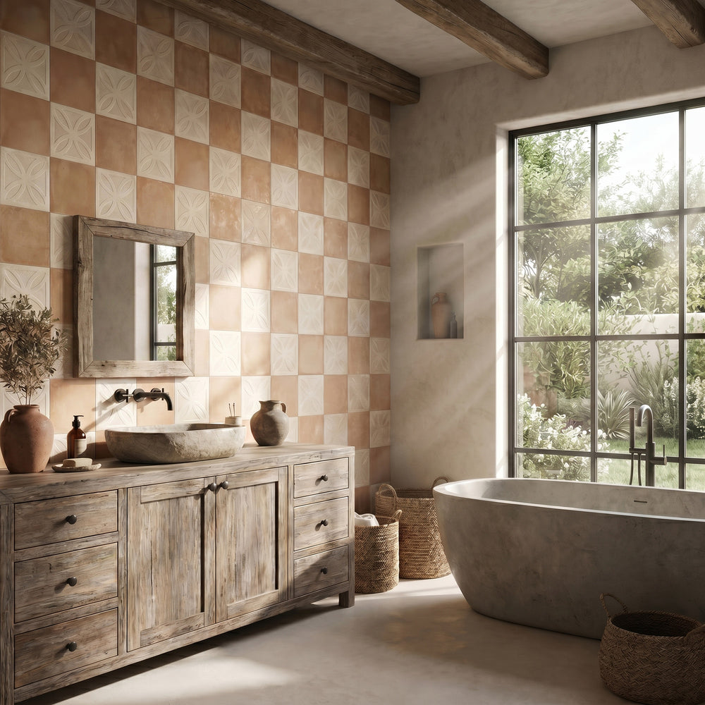 8x8 avorio Struttura 3D and biscotto matte porcelain checkerboard tile showcasing tactile surface relief against a warm neutral backdrop