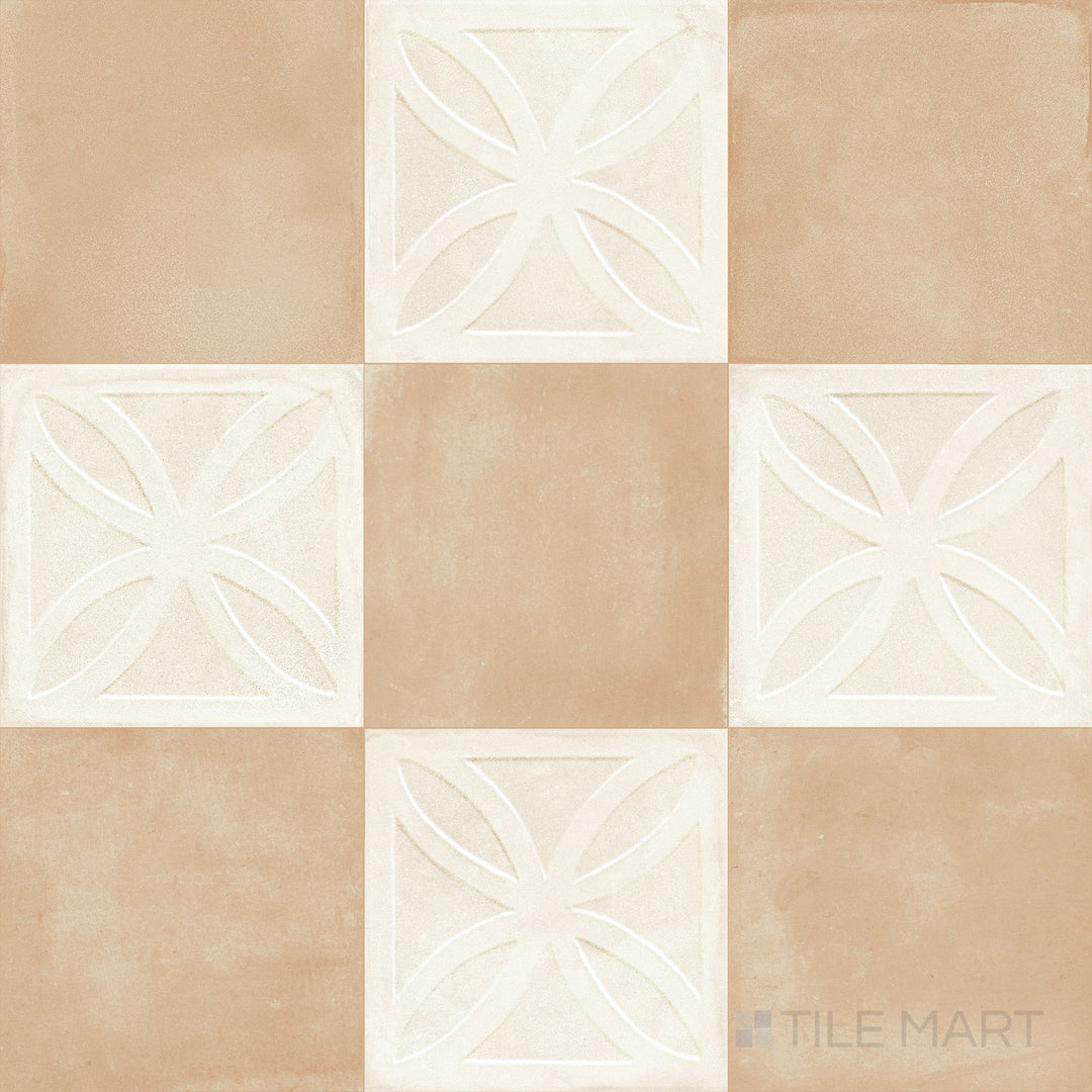 8x8 matte porcelain checkerboard tile featuring textured 3D avorio squares paired with smooth biscotto