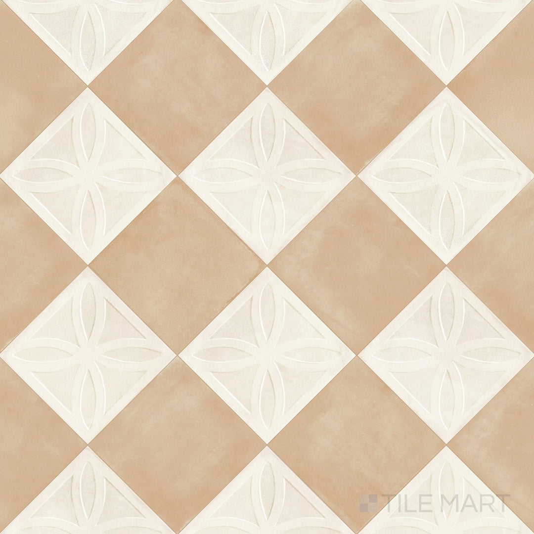 Overview of Amuri 8x8 avorio Struttura 3D and biscotto checkerboard matte porcelain tile from an alternate angle highlighting its textured 3D avorio relief against smooth biscotto squares