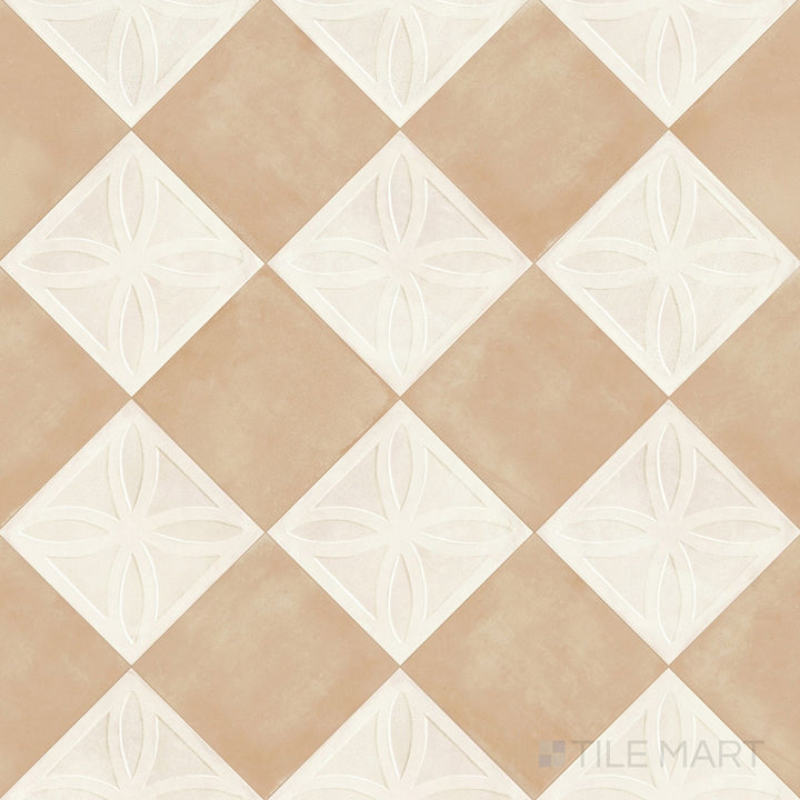 Overview of Amuri 8x8 avorio Struttura 3D and biscotto checkerboard matte porcelain tile from an alternate angle highlighting its textured 3D avorio relief against smooth biscotto squares