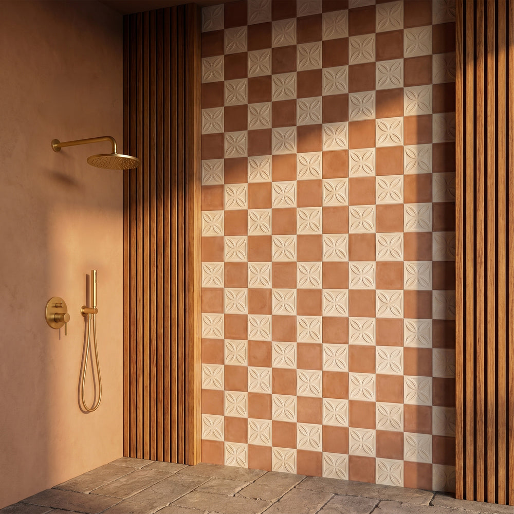 8x8 avorio Struttura 3D and cotto matte porcelain checkerboard tile conveying dimensional texture paired with rich rustic warmth