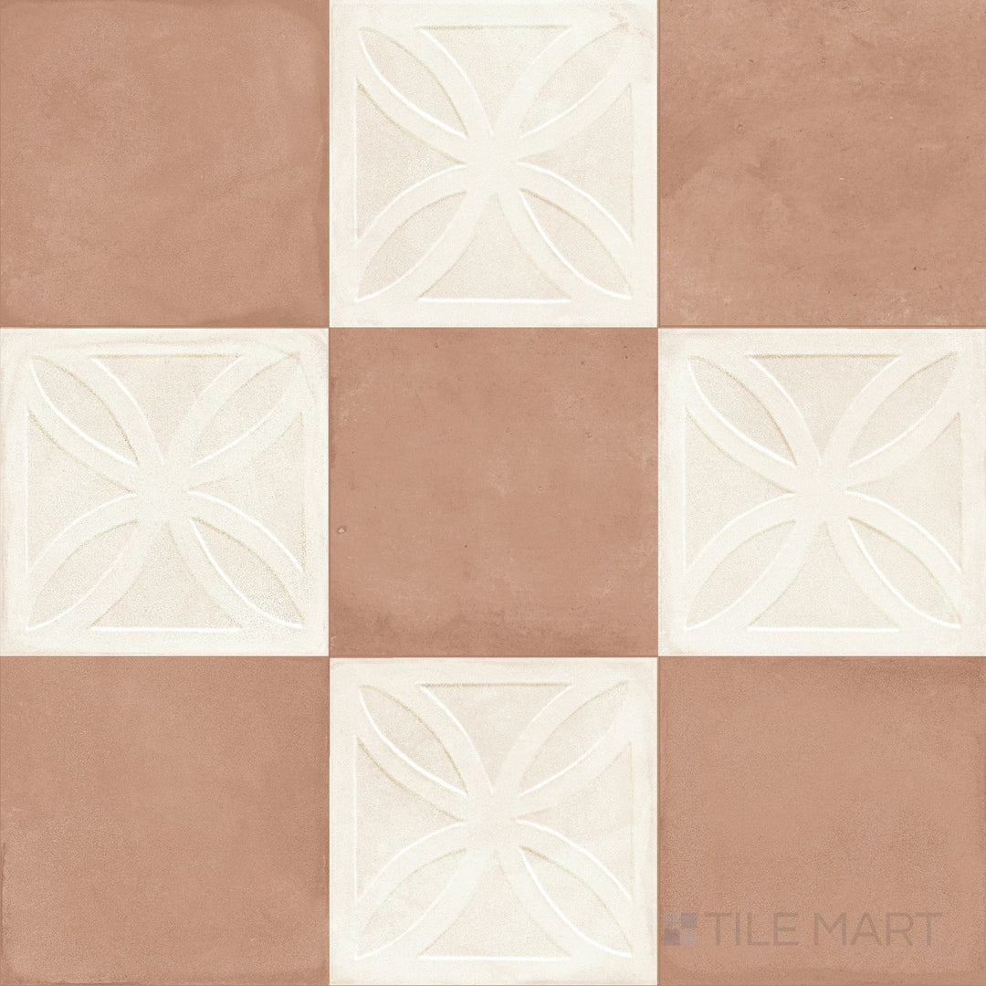 Dimensional avorio 3D tile alternating with flat cotto squares in an 8x8 matte porcelain checkerboard