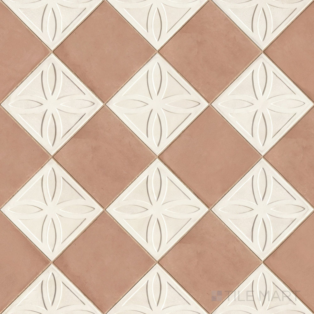 Overview of Amuri 8x8 avorio Struttura 3D and cotto checkerboard matte porcelain tile from an alternate angle highlighting its sculptural avorio 3D texture paired with earthy cotto squares
