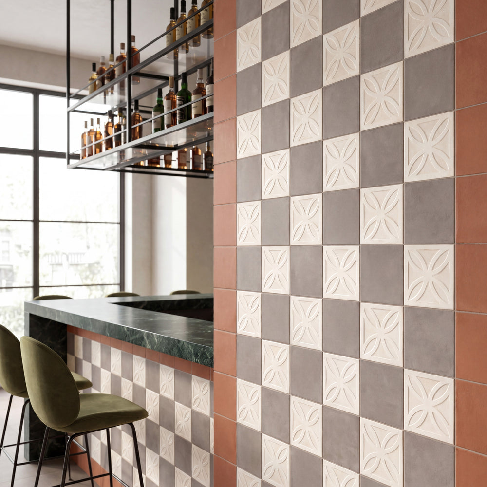8x8 avorio Struttura 3D and grigio matte porcelain checkerboard tile reflecting raised surface detail set against a cool understated tone