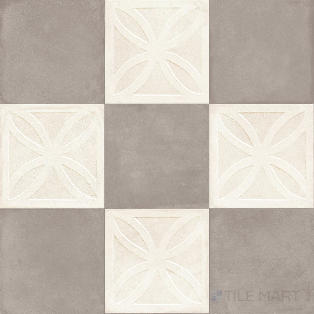 8x8 checkerboard porcelain tile contrasting raised-relief avorio with cool flat grigio in a matte finish