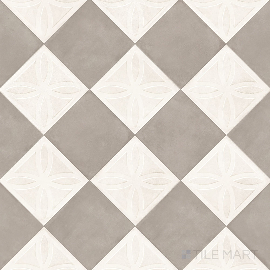 Overview of Amuri 8x8 avorio Struttura 3D and grigio checkerboard matte porcelain tile from an alternate angle highlighting its tactile avorio 3D relief set against cool grigio squares