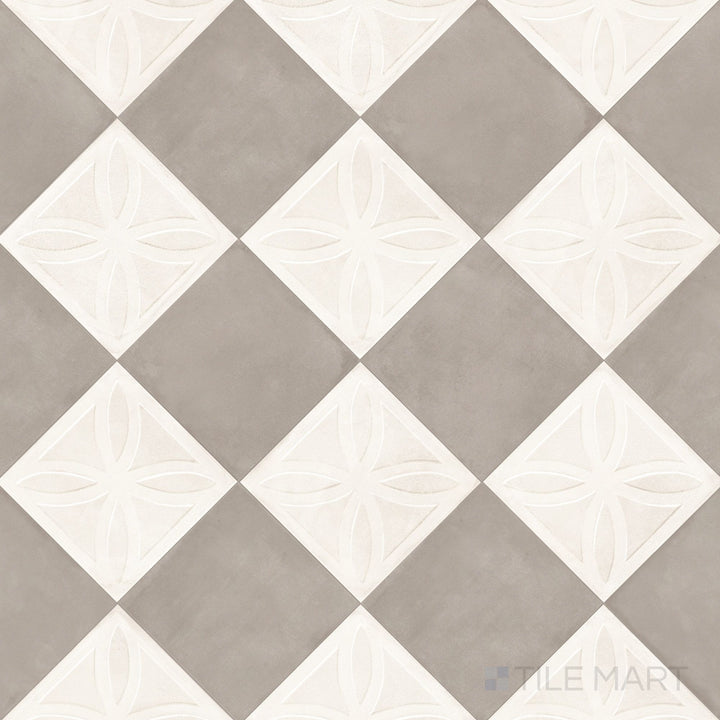 Overview of Amuri 8x8 avorio Struttura 3D and grigio checkerboard matte porcelain tile from an alternate angle highlighting its tactile avorio 3D relief set against cool grigio squares