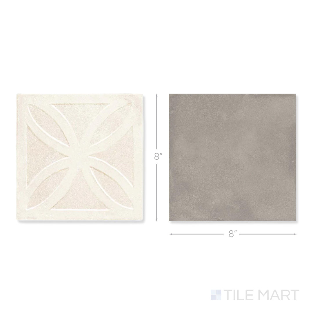 Top-down view of a single Amuri 8x8 avorio Struttura 3D and grigio checkerboard matte porcelain tile showing its raised avorio texture and cool grigio matte finish detail