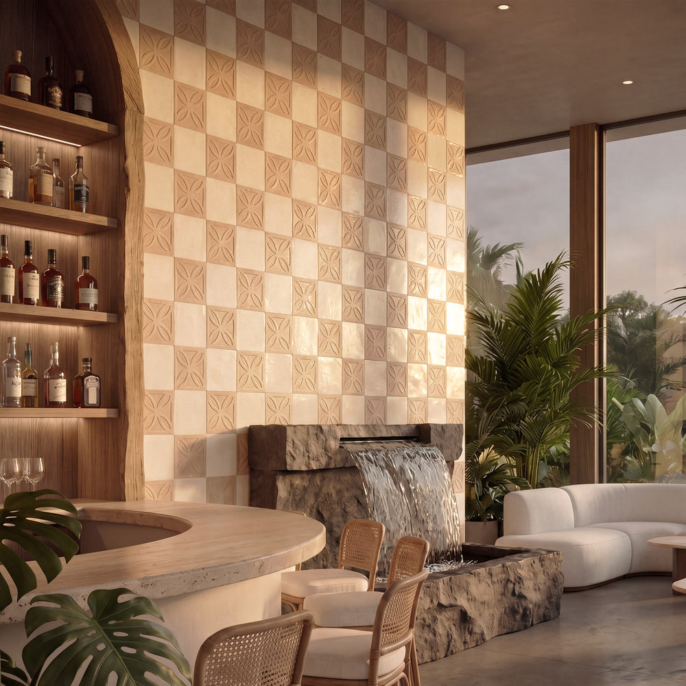 8x8 biscotto Struttura 3D and avorio matte porcelain checkerboard tile highlighting sculpted biscotto relief against a crisp creamy background