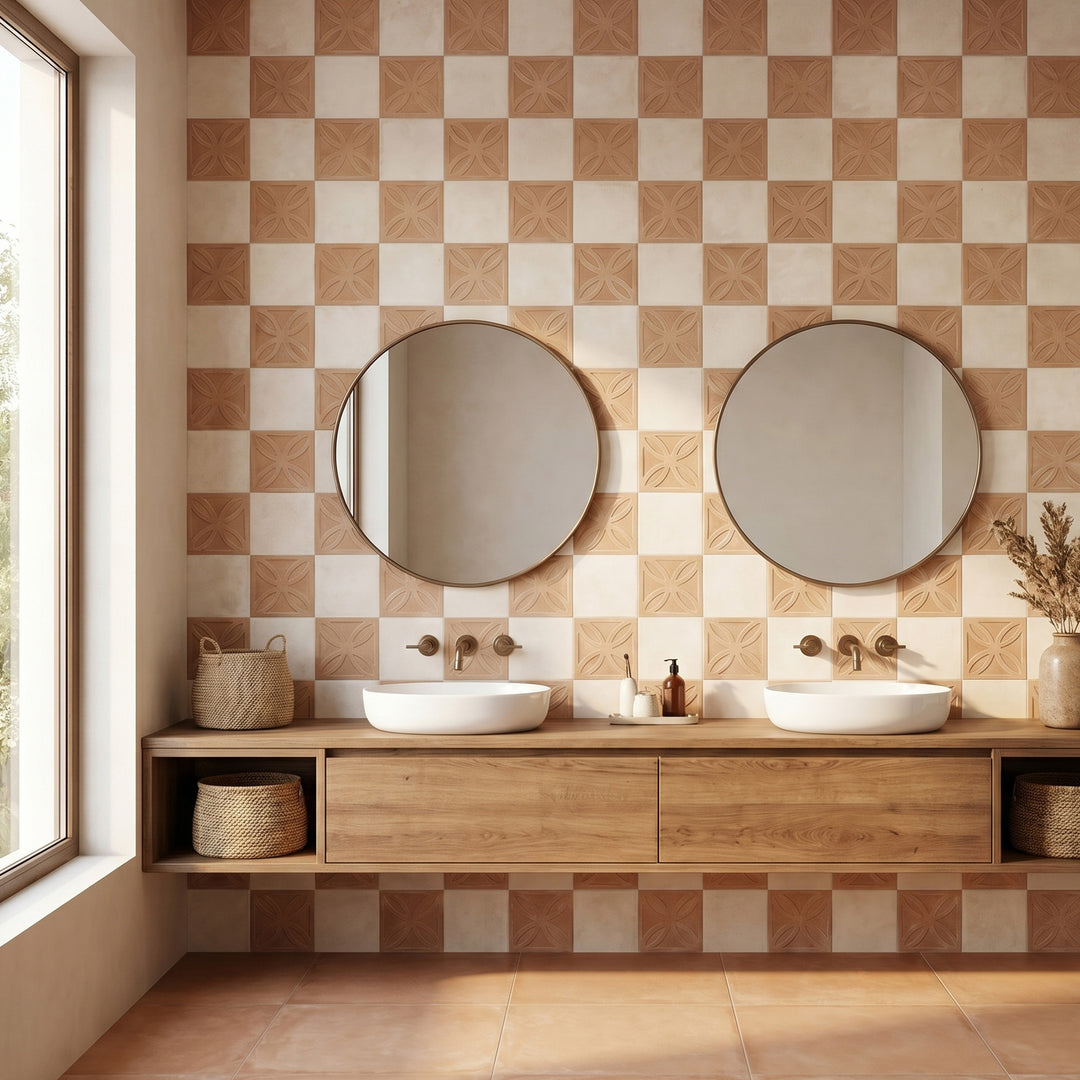 8x8 biscotto Struttura 3D and avorio matte porcelain checkerboard tile emphasizing its tactile depth and soft warm tonal interplay