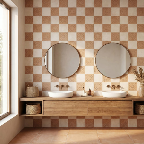 8x8 biscotto Struttura 3D and avorio matte porcelain checkerboard tile emphasizing its tactile depth and soft warm tonal interplay