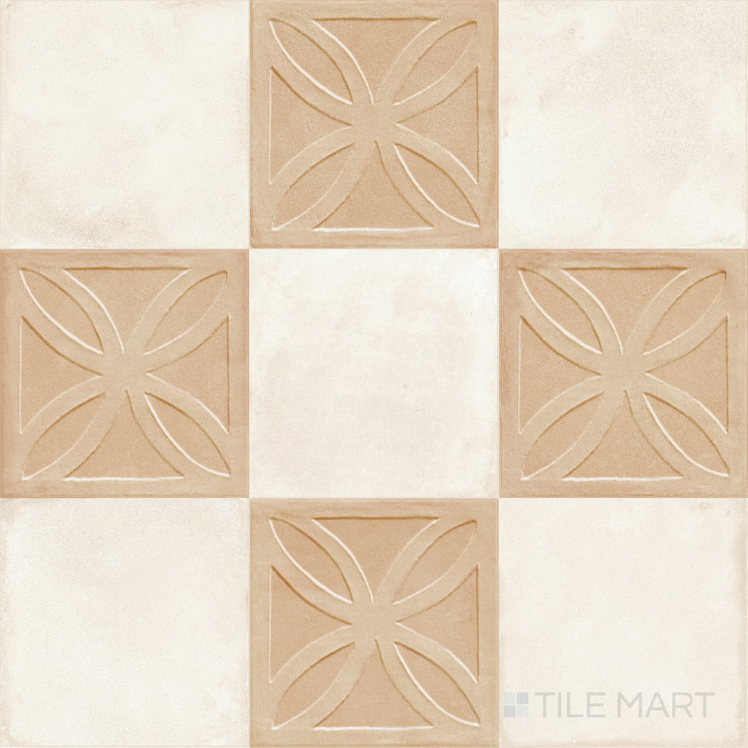 Tactile biscotto 3D squares set against smooth avorio in an 8x8 matte porcelain checkerboard pattern