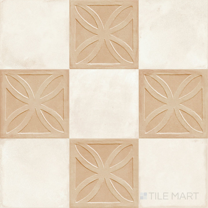 Tactile biscotto 3D squares set against smooth avorio in an 8x8 matte porcelain checkerboard pattern