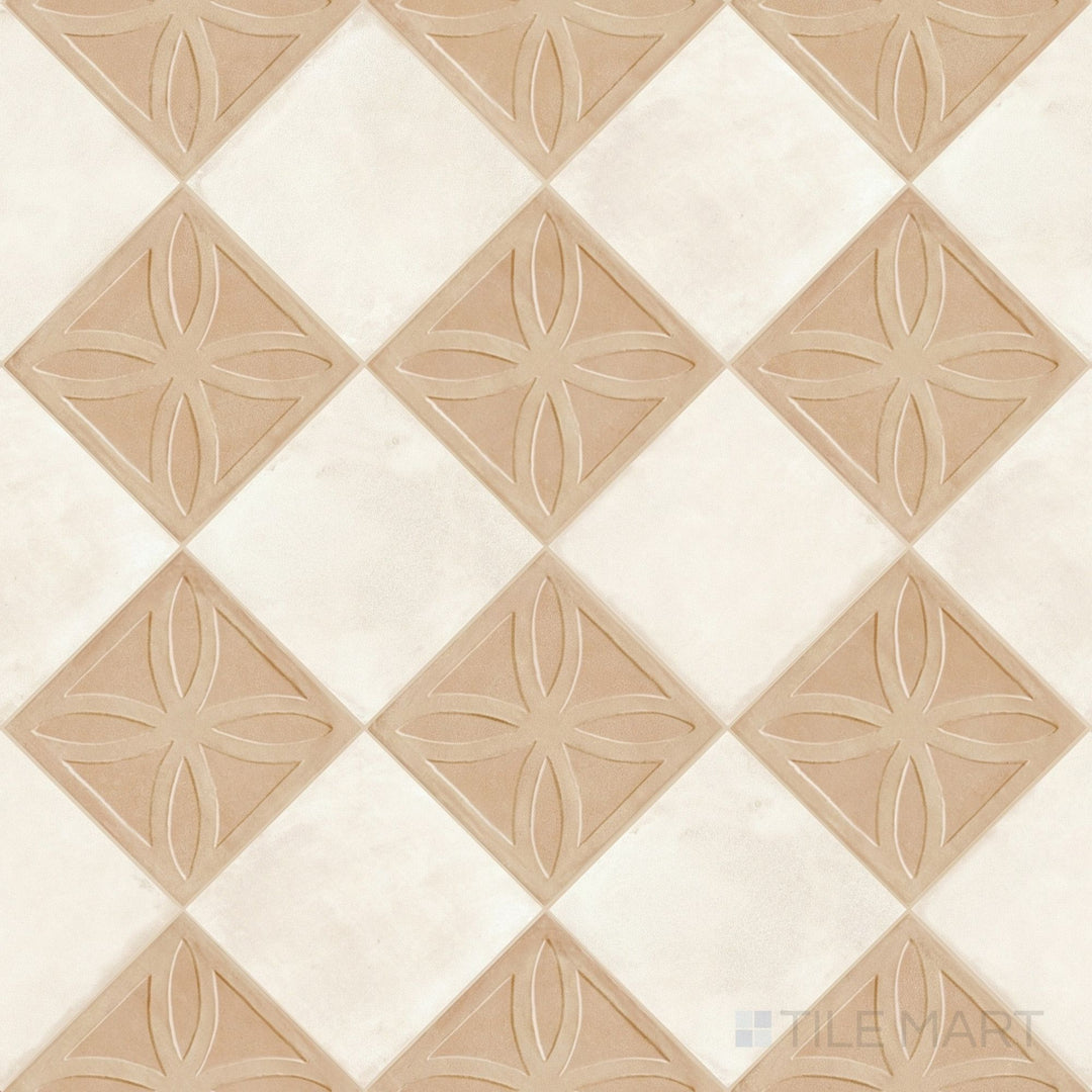 Overview of Amuri 8x8 biscotto Struttura 3D and avorio checkerboard matte porcelain tile from an alternate angle highlighting its sculpted biscotto 3D texture against crisp avorio squares