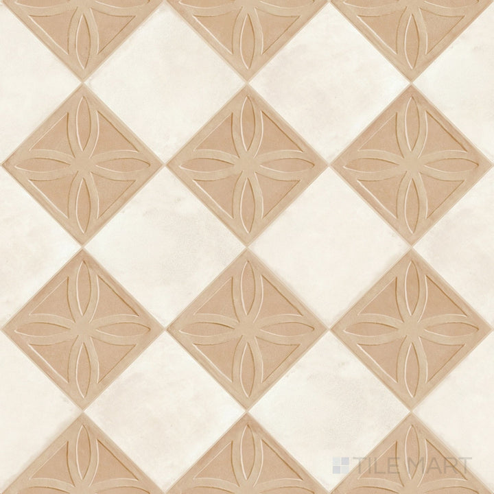 Overview of Amuri 8x8 biscotto Struttura 3D and avorio checkerboard matte porcelain tile from an alternate angle highlighting its sculpted biscotto 3D texture against crisp avorio squares