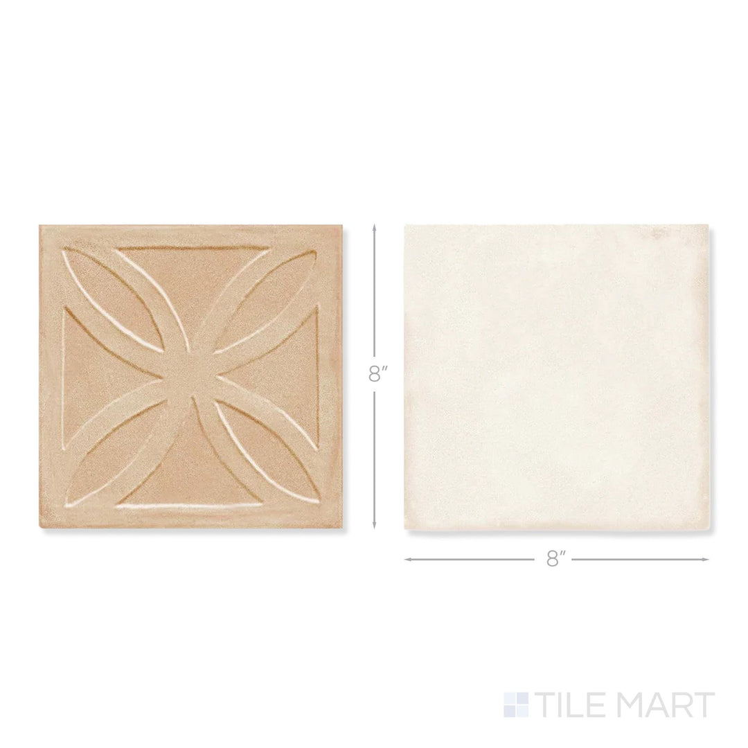 Top-down view of a single Amuri 8x8 biscotto Struttura 3D and avorio checkerboard matte porcelain tile showing its raised biscotto surface texture and clean avorio matte finish detail