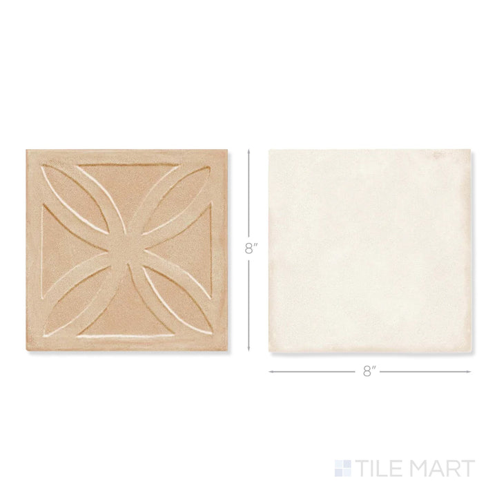 Top-down view of a single Amuri 8x8 biscotto Struttura 3D and avorio checkerboard matte porcelain tile showing its raised biscotto surface texture and clean avorio matte finish detail