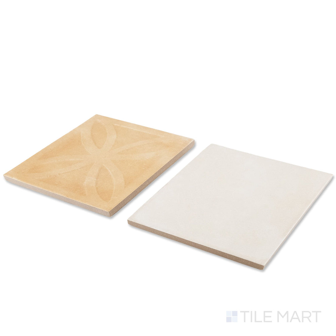 Corner shot of Amuri 8x8 biscotto Struttura 3D and avorio checkerboard matte porcelain tile revealing its edge profile and dimensional biscotto relief against flat avorio surface