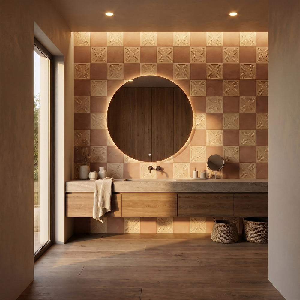 8x8 biscotto Struttura 3D and cotto matte porcelain checkerboard tile capturing textured biscotto squares alongside deep earthy cotto tones