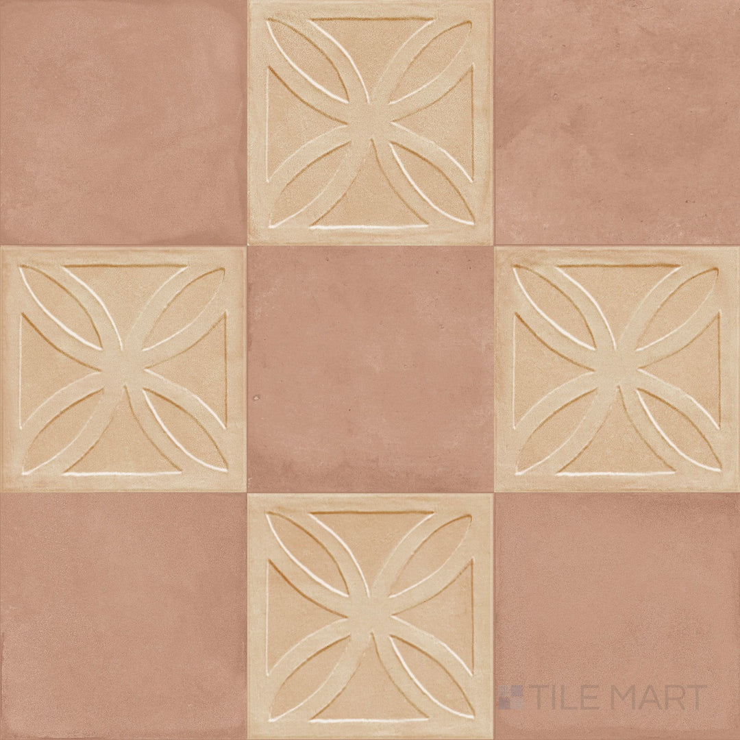 8x8 matte porcelain checkerboard tile with sculpted biscotto 3D relief alternating with earthy cotto