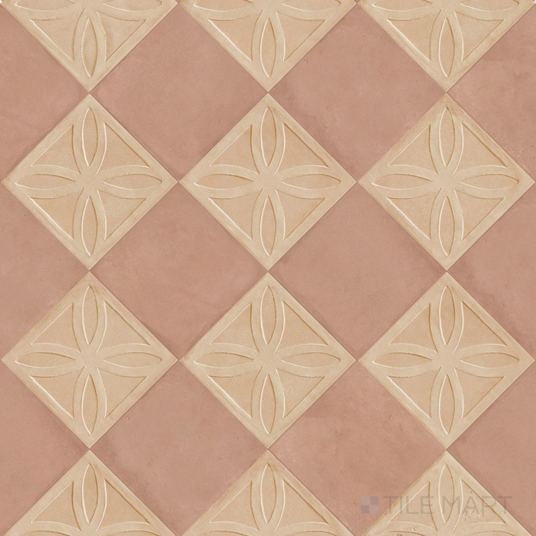 Overview of Amuri 8x8 biscotto Struttura 3D and cotto checkerboard matte porcelain tile from an alternate angle highlighting its tactile biscotto 3D relief paired with deep cotto squares