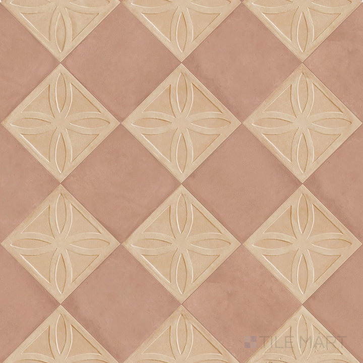 Overview of Amuri 8x8 biscotto Struttura 3D and cotto checkerboard matte porcelain tile from an alternate angle highlighting its tactile biscotto 3D relief paired with deep cotto squares