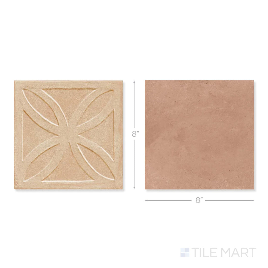 Top-down view of a single Amuri 8x8 biscotto Struttura 3D and cotto checkerboard matte porcelain tile showing its raised biscotto texture and earthy cotto matte finish detail