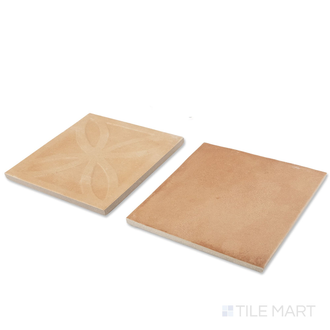 Corner shot of Amuri 8x8 biscotto Struttura 3D and cotto checkerboard matte porcelain tile revealing its edge profile and sculpted biscotto relief contrasting with flat cotto surface