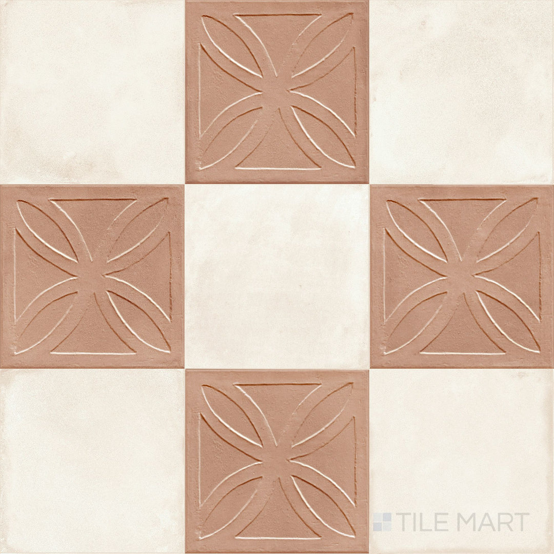 Rich cotto squares with 3D surface texture paired with crisp avorio in an 8x8 matte porcelain checkerboard
