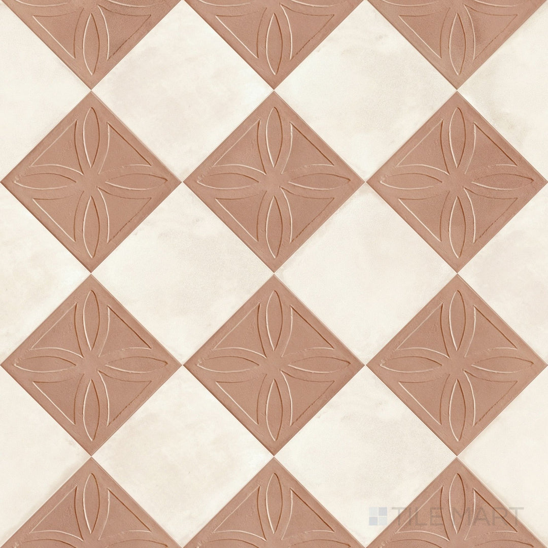 Overview of Amuri 8x8 cotto Struttura 3D and avorio checkerboard matte porcelain tile from an alternate angle highlighting its rich dimensional cotto relief against clean avorio squares