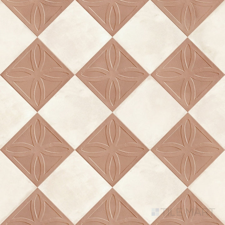 Overview of Amuri 8x8 cotto Struttura 3D and avorio checkerboard matte porcelain tile from an alternate angle highlighting its rich dimensional cotto relief against clean avorio squares