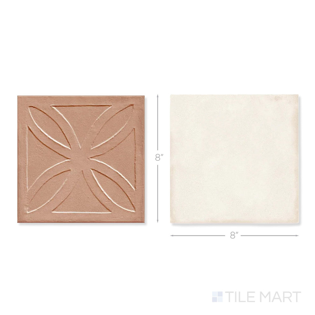 Top-down view of a single Amuri 8x8 cotto Struttura 3D and avorio checkerboard matte porcelain tile showing its raised cotto surface texture and crisp avorio matte finish detail