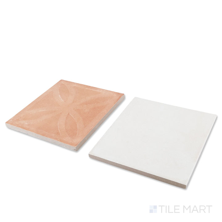 Corner shot of Amuri 8x8 cotto Struttura 3D and avorio checkerboard matte porcelain tile revealing its edge profile and dimensional cotto relief set against smooth avorio surface