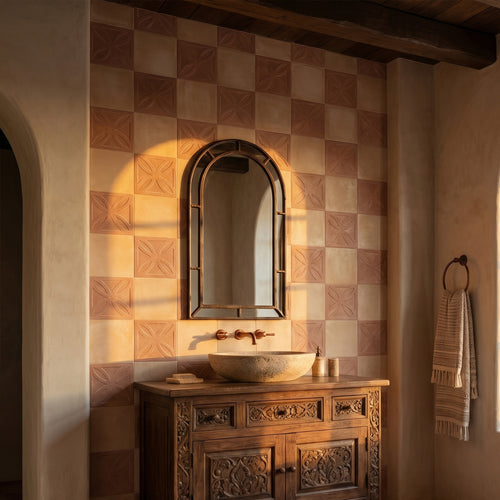 Amuri 8x8 Checkerboard Matte Porcelain Tile in Cotto Struttura 3D and Biscotto