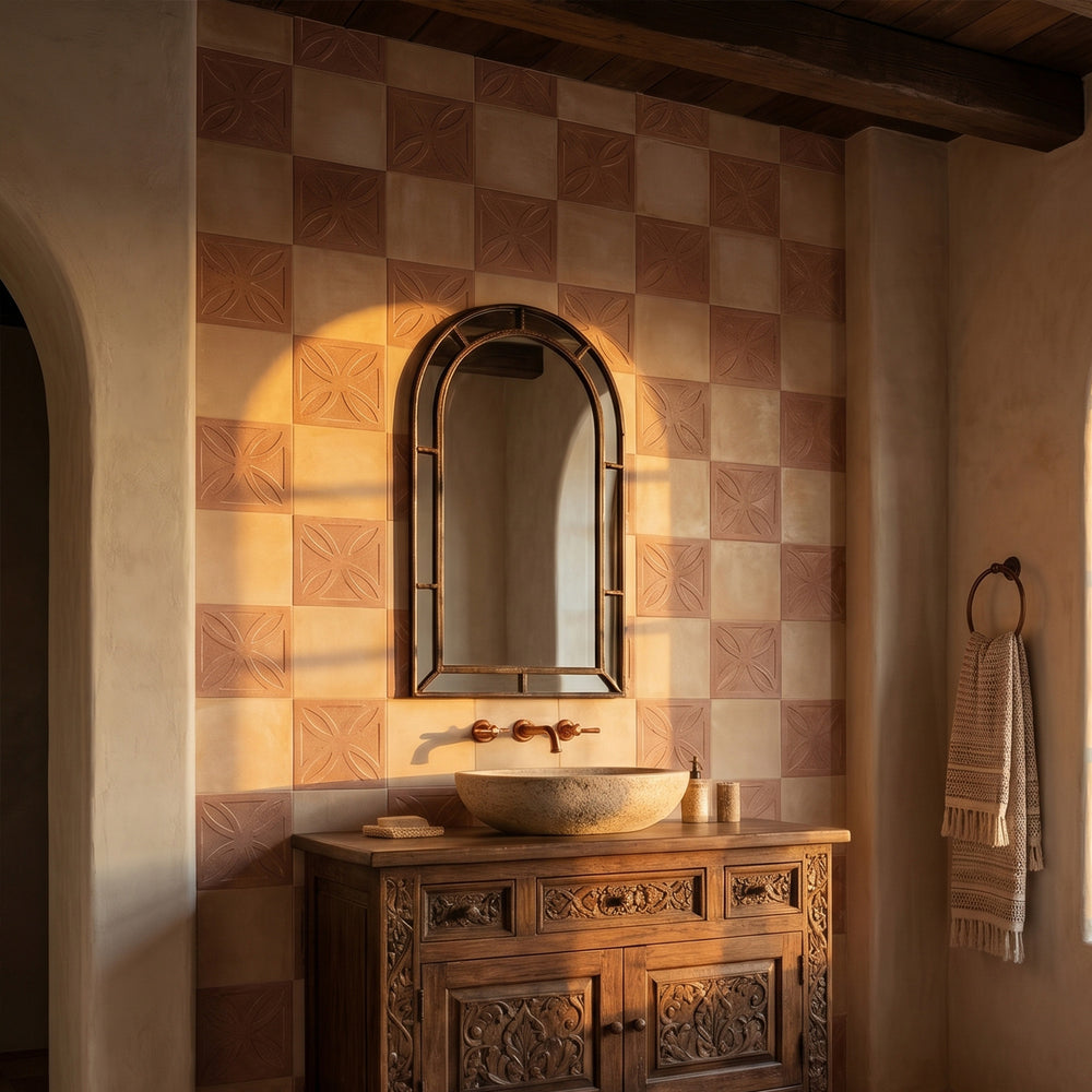 8x8 cotto Struttura 3D and biscotto matte porcelain checkerboard tile conveying warm layered depth with a rustic artisan quality