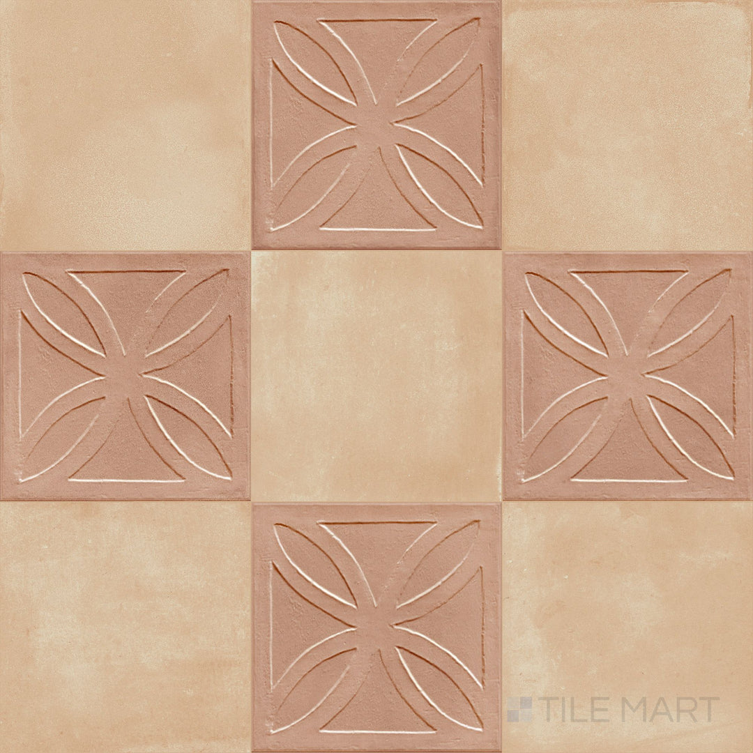 8x8 matte porcelain tile with dimensional cotto 3D relief contrasting against warm flat biscotto squares
